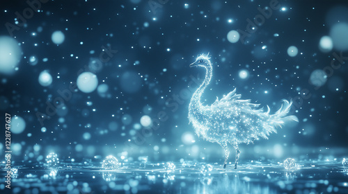 Crystalline Swan in Winter Night: A majestic swan, rendered in shimmering crystalline detail, stands gracefully amidst a flurry of sparkling snow and water droplets on a dark, winter's night.
