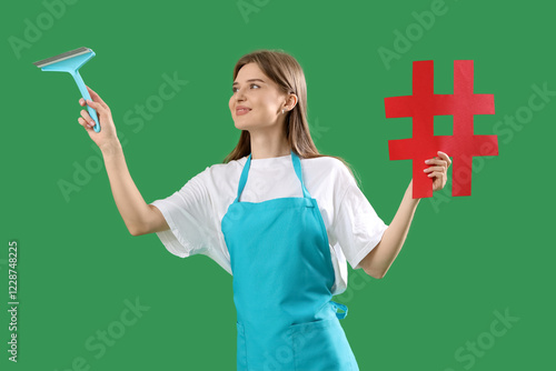 Female janitor with squeegee and hashtag on green background