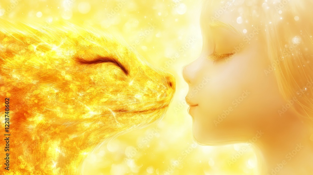 Fototapeta premium Golden Cat and Girl's Gentle Embrace of Light