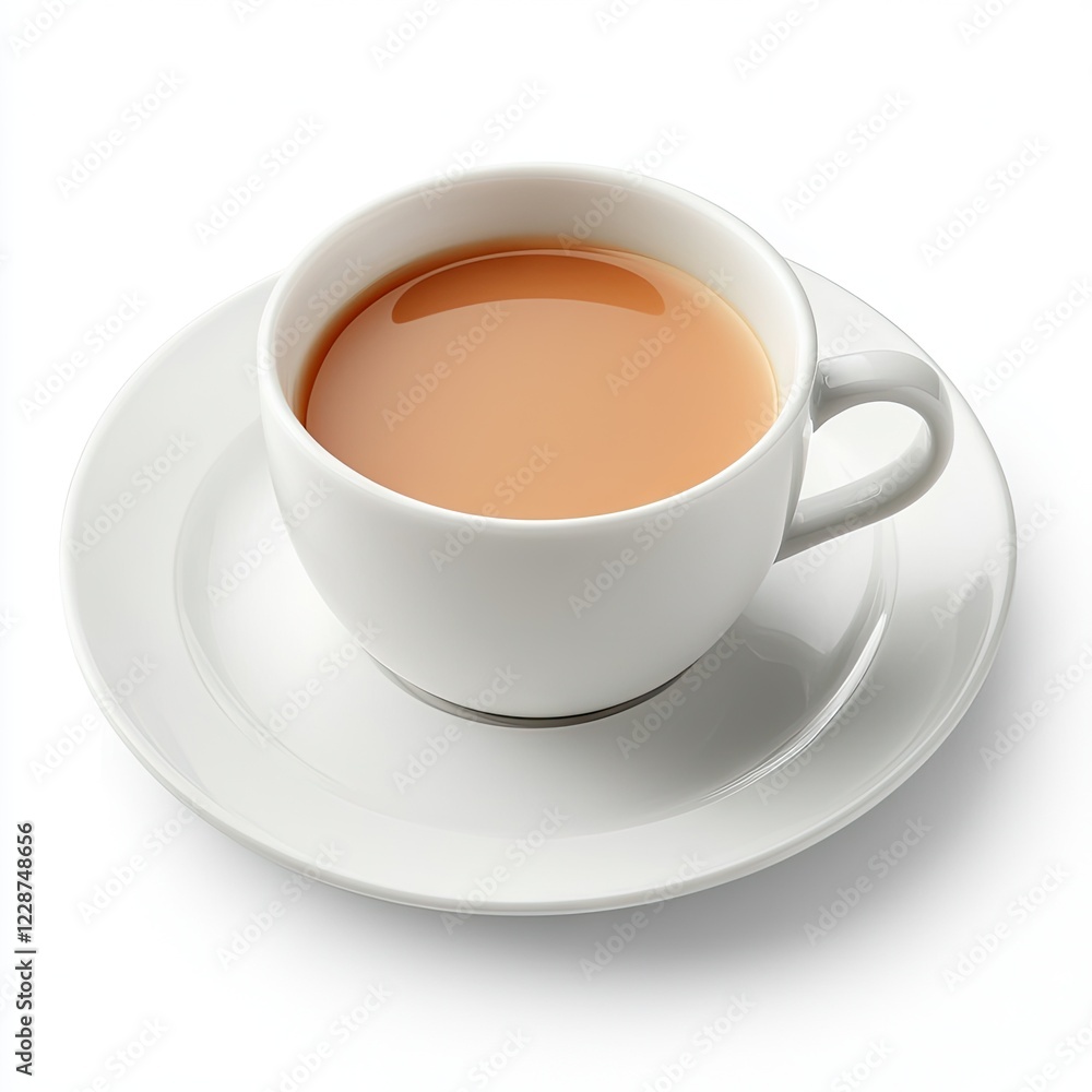 Hot tea in white cup and saucer, on white background, perfect for breakfast menus Hot tea in white cup and saucer, on white background, perfect for breakfast menus