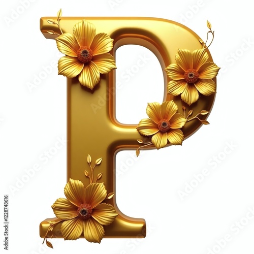 Create an unforgettable impression with the exquisite letter p in opulent gold, enhanced by intricate gold flowers, ideal for high-end branding, invitations, and special events that showcase sophistic photo