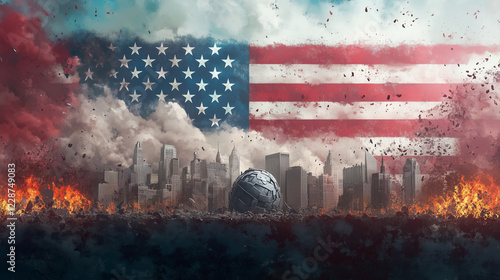 American Apocalypses: A dramatic digital painting depicts a ravaged cityscape under a tattered American flag, flames engulfing buildings, symbolizing the fragility of even the mightiest nation. photo