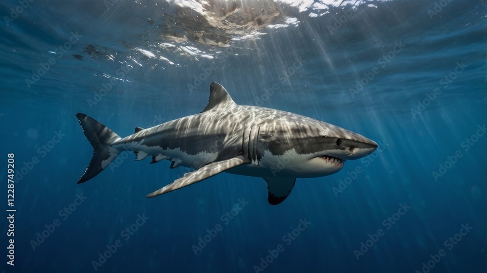 Fototapeta premium Great white shark swimming in the blue ocean with sun rays shining from above