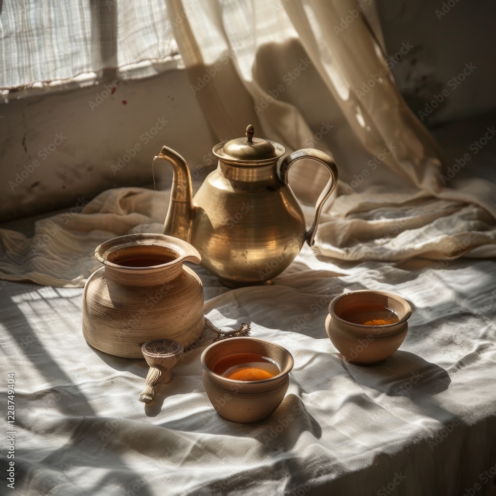 Rich and Authentic Indian Chai Tea Served in a Traditional Brass Vessel with Spices and Aromatic Flavors, Warm Beverage Experience Rich and Authentic Indian Chai Tea Served in a Traditional Brass Vessel with Spices and Aromatic Flavors, Warm Beverage Experience