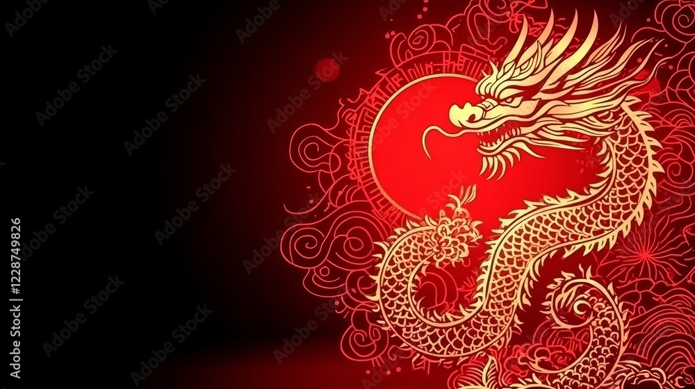 Golden Chinese Dragon Art Red Background Lunar New Year Design Golden Chinese Dragon Art Red Background Lunar New Year Design