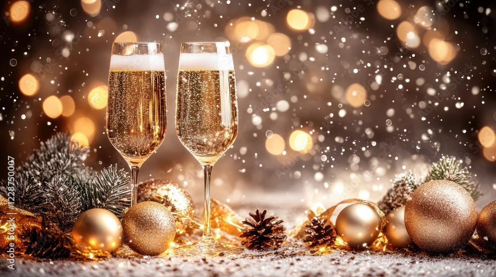 a pair of champagne glasses clinking, and the glasses are filled with golden champagne, symbolizing celebration and joy. Fireworks and lights burst out around the cups, giving people a bright and warm a pair of champagne glasses clinking, and the glasses are filled with golden champagne, symbolizing celebration and joy. Fireworks and lights burst out around the cups, giving people a bright and warm