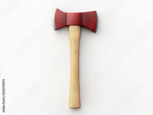 Red double-bit axe with wooden handle on white background. photo