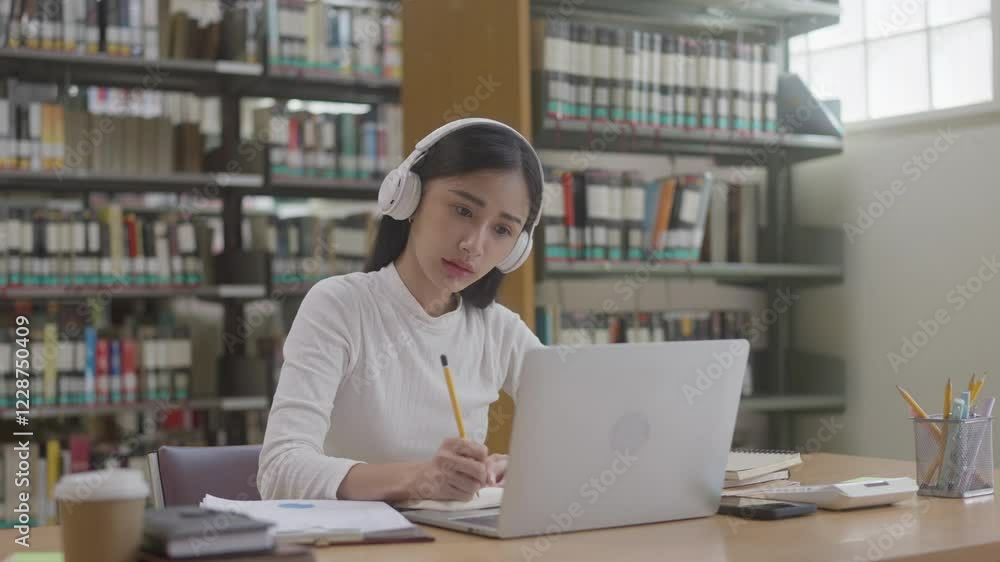 Young asian college student online learning course on laptop Young asian college student online learning course on laptop