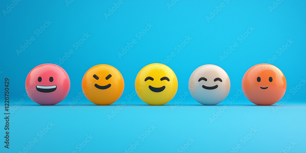 Konzept für eine Kundenzufriedenheitsumfrage. Fünf-Sterne-Bewertung auf virtueller Feedback-Schnittstelle, hervorragende Kundenzufriedenheit. Emoticons verschiedener Feedback-Ebenen, Kundenerfahrung, Konzept für eine Kundenzufriedenheitsumfrage. Fünf-Sterne-Bewertung auf virtueller Feedback-Schnittstelle, hervorragende Kundenzufriedenheit. Emoticons verschiedener Feedback-Ebenen, Kundenerfahrung,