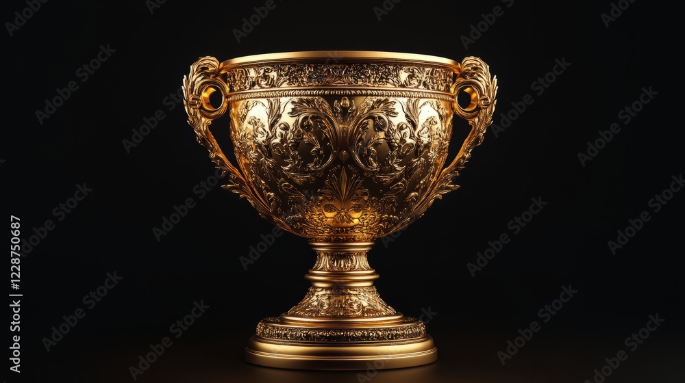 A 3D-rendered golden cup trophy, intricate and detailed, glowing softly on a pure black background A 3D-rendered golden cup trophy, intricate and detailed, glowing softly on a pure black background