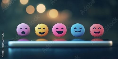 Konzept für eine Kundenzufriedenheitsumfrage. Fünf-Sterne-Bewertung auf virtueller Feedback-Schnittstelle, hervorragende Kundenzufriedenheit. Emoticons verschiedener Feedback-Ebenen, Kundenerfahrung,