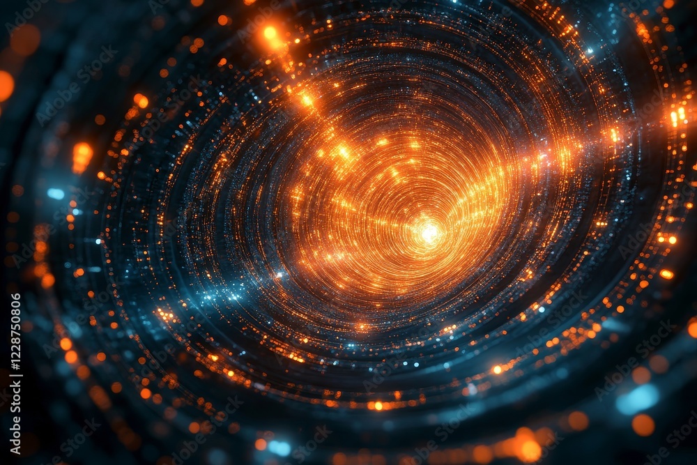 Illustration of circular patterns merging into a glowing core., Generative AI Illustration of circular patterns merging into a glowing core., Generative AI