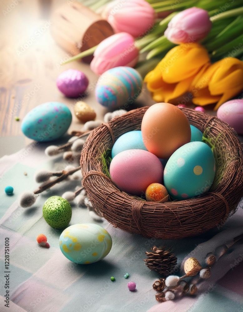 easter concept with colorful eggs flowers ducks and chicks suitable as cover or background easter concept with colorful eggs flowers ducks and chicks suitable as cover or background