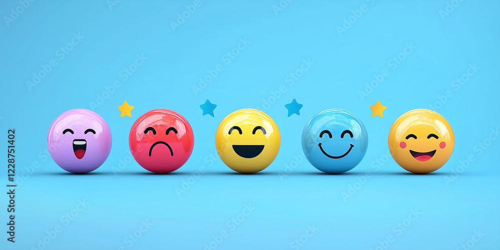 Konzept für eine Kundenzufriedenheitsumfrage. Fünf-Sterne-Bewertung auf virtueller Feedback-Schnittstelle, hervorragende Kundenzufriedenheit. Emoticons verschiedener Feedback-Ebenen, Kundenerfahrung, Konzept für eine Kundenzufriedenheitsumfrage. Fünf-Sterne-Bewertung auf virtueller Feedback-Schnittstelle, hervorragende Kundenzufriedenheit. Emoticons verschiedener Feedback-Ebenen, Kundenerfahrung,
