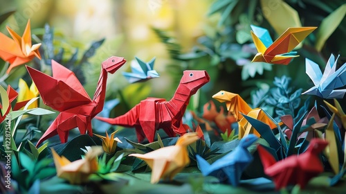 A captivating arrangement of origami animals fills a lush forest environment, showcasing detailed creations like dinosaurs and colorful birds among vibrant foliage photo