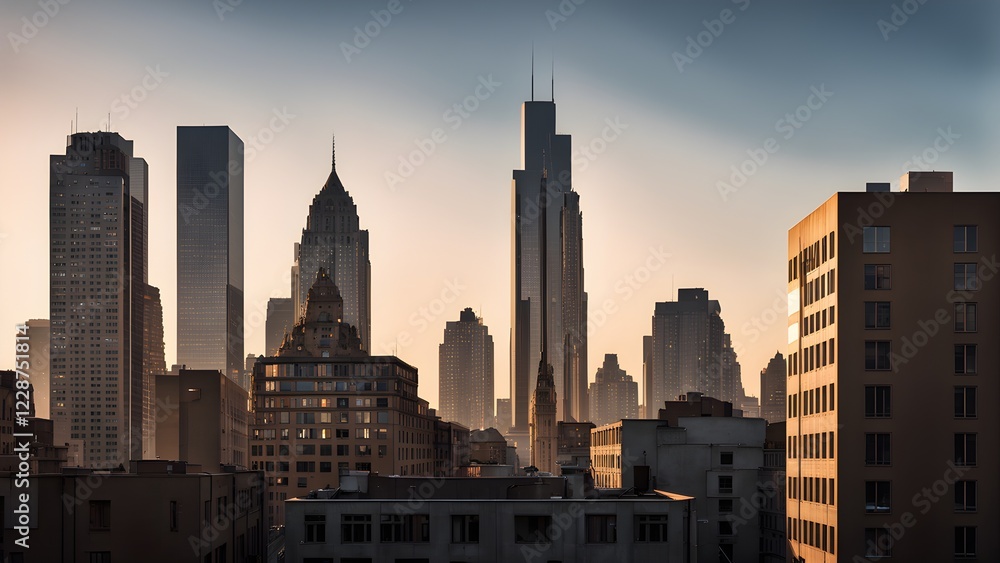 Fototapeta premium Golden hour cityscape panorama showcasing a diverse architectural skyline with modern skyscrapers and classic buildings.
