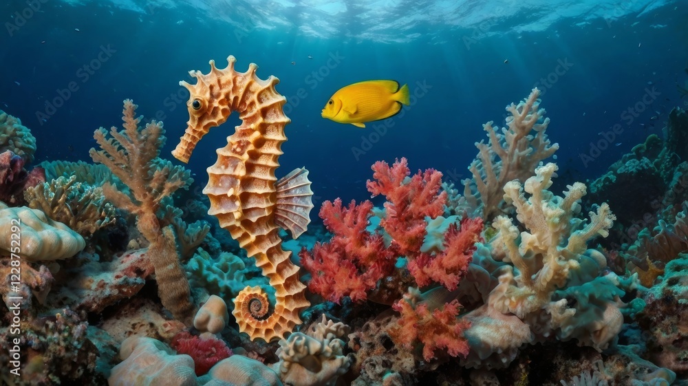 Underwater scene featuring seahorse, yellow fish, and coral reef in deep blue ocean Underwater scene featuring seahorse, yellow fish, and coral reef in deep blue ocean