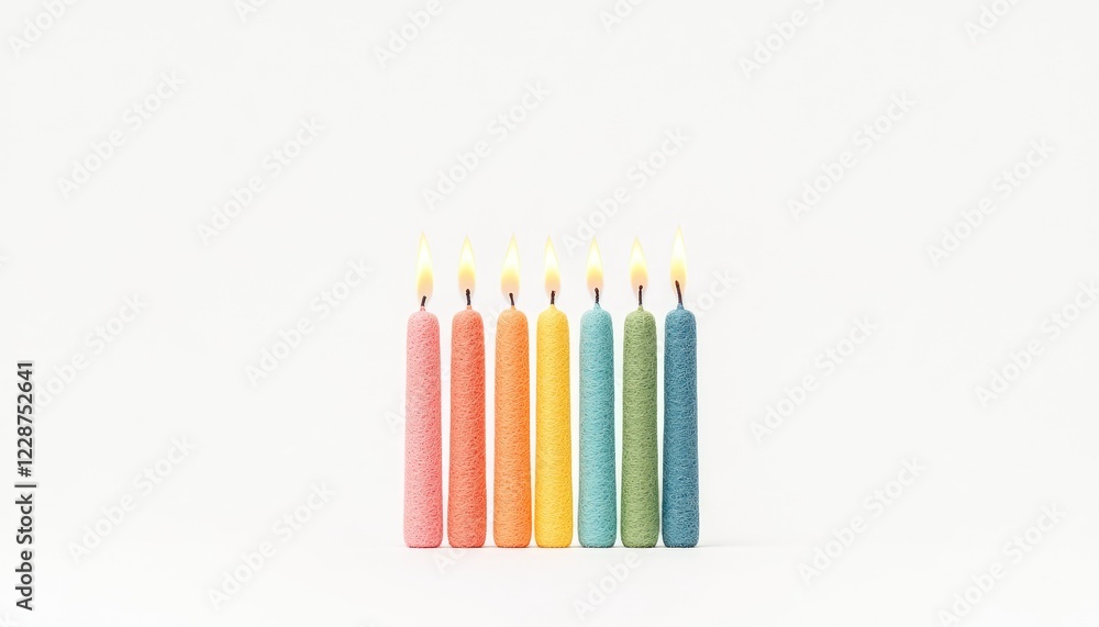 Fototapeta premium Colorful candles lit on a white background, creating a warm ambiance for celebrations