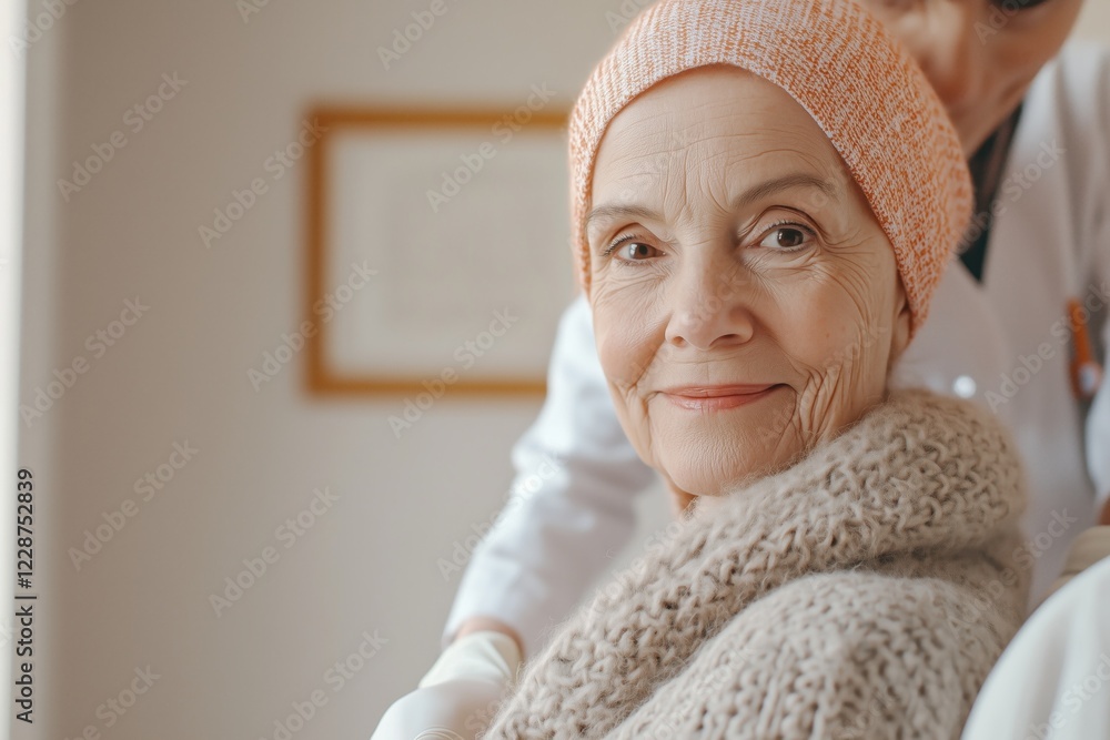 A compassionate healthcare professional gently attends to a smiling elderly woman wrapped in a warm sweater and hat. A compassionate healthcare professional gently attends to a smiling elderly woman wrapped in a warm sweater and hat.