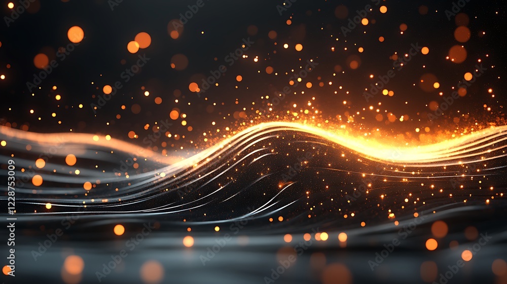 Fototapeta premium Abstract Dark Background With Glowing Orange Particles And Waves