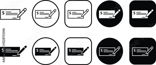 Payment check icon in flat and line style set. vector for apps or website bank cheque symbol. paycheck sign in black Bank Check related glyph icon. Isolated on transparent background.