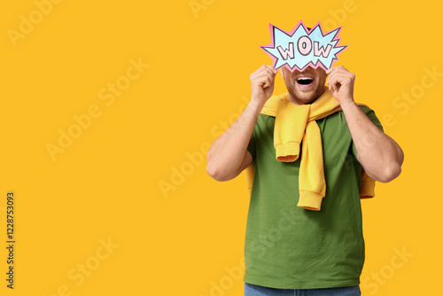 Shocked young man with text...