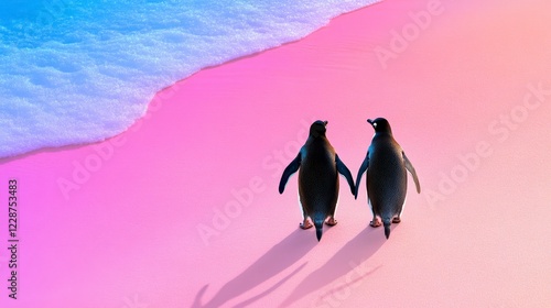 Two Penguins Walking Together on Colorful Beach at Sunset