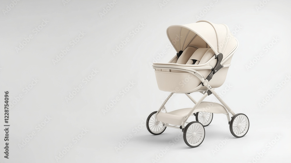 Luxury Baby Stroller: A pristine white baby stroller with a sleek modern design sits on a minimalist backdrop, evoking a sense of elegance and sophistication. Luxury Baby Stroller: A pristine white baby stroller with a sleek modern design sits on a minimalist backdrop, evoking a sense of elegance and sophistication.