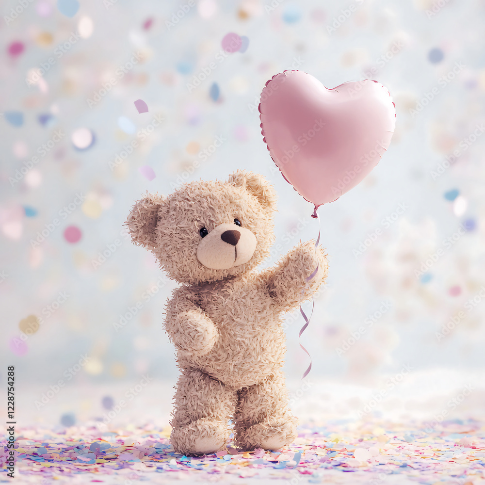 A cute teddy bear holding a pink heart-shaped balloon in a festive setting. A cute teddy bear holding a pink heart-shaped balloon in a festive setting.