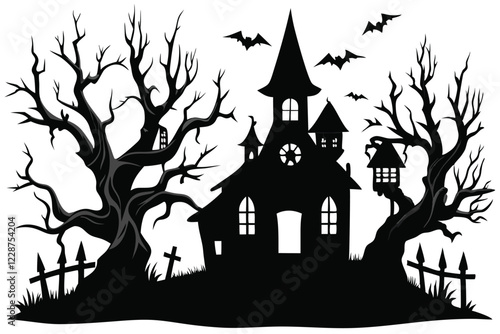 Halloween Houses and trees on white background