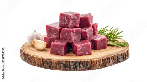 Raw Goat Meat Cubes Arranged on Wooden Board with Garlic and Herbs