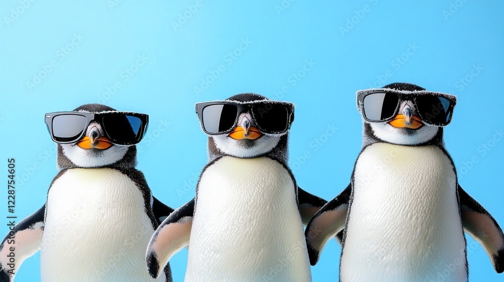 Fototapeta premium Cool penguins wearing sunglasses against blue background