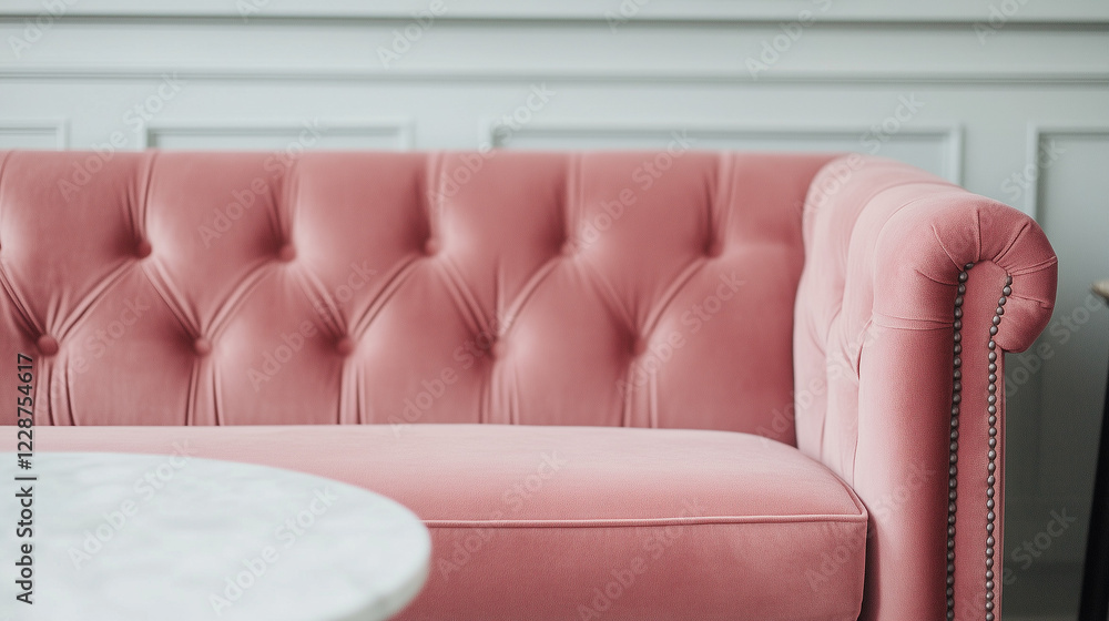 Fototapeta premium Pink Velvet Sofa: A luxurious blush pink velvet sofa with button tufting and rolled arms sits elegantly in a contemporary interior, exuding sophistication and comfort.