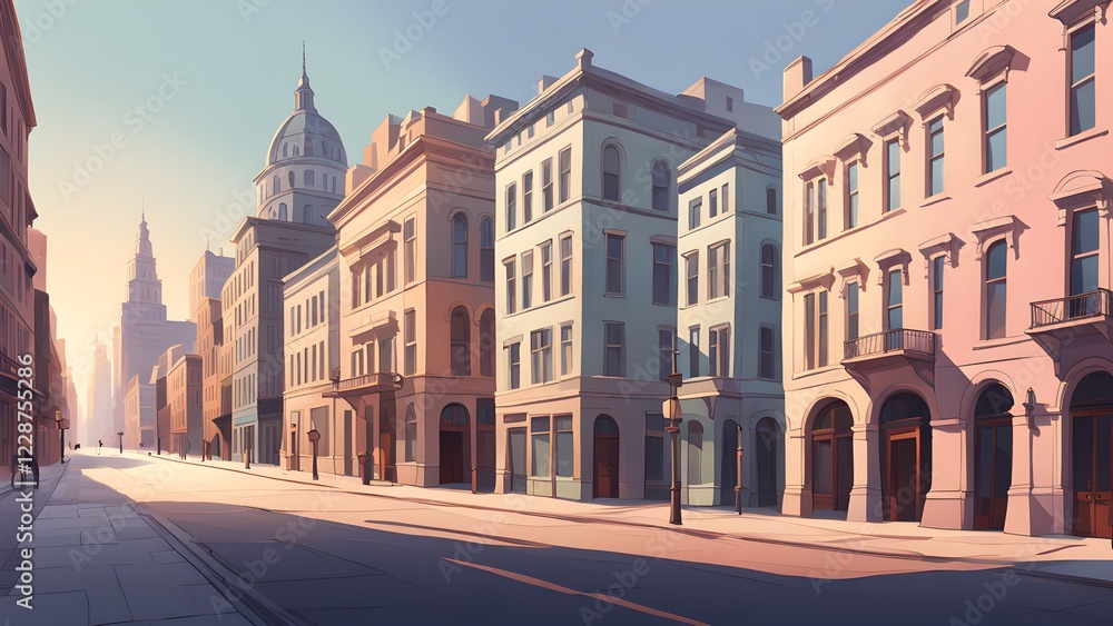 Fototapeta premium Sunrise illuminates a charming, stylized cityscape of pastel-colored buildings and a quiet street, perfect for animation or game backgrounds.