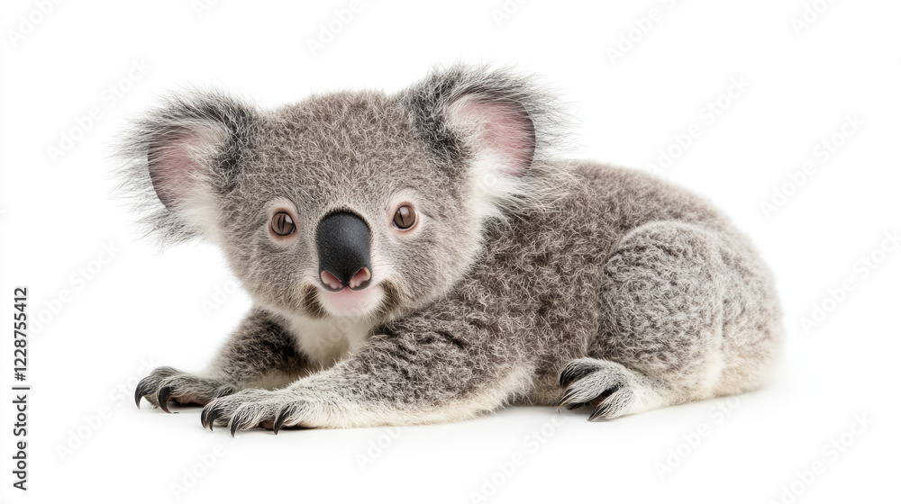 A cute koala with fluffy gray fur and large ears rests comfortably against a white background. A cute koala with fluffy gray fur and large ears rests comfortably against a white background.