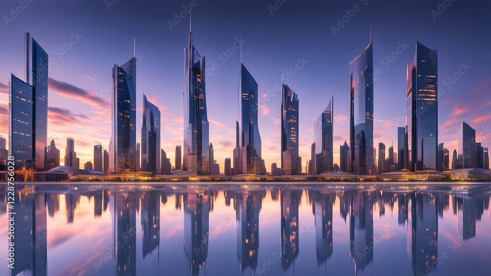 Fototapeta premium Stunning panoramic view of a modern cityscape reflected in calm water at sunset.