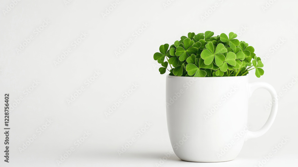 A small white cup filled with vibrant green clover leaves, set against a minimalistic background, conveying freshness and simplicity. A small white cup filled with vibrant green clover leaves, set against a minimalistic background, conveying freshness and simplicity.