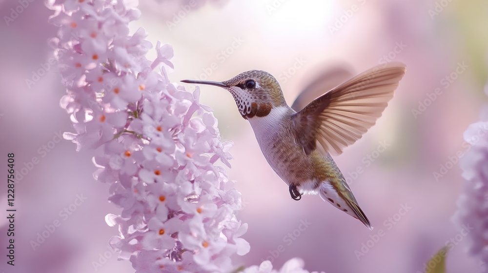 Obraz premium Hummingbird, drooping purple flower bouquet, collecting nectar, watercolor painting, bright lighting, pure white background,