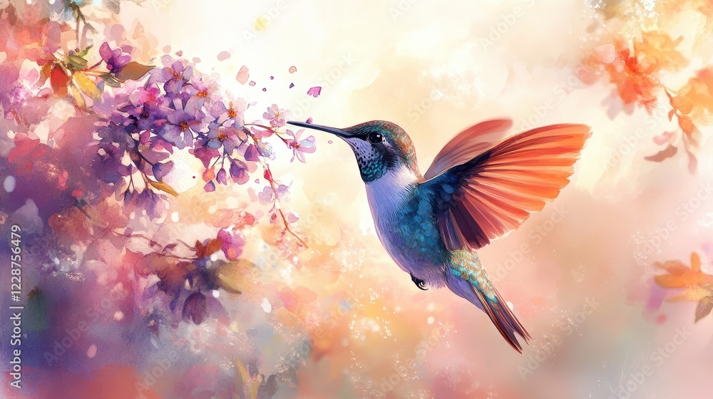 Naklejka premium Hummingbird, drooping purple flower bouquet, collecting nectar, watercolor painting, bright lighting, pure white background,