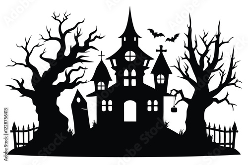 black Halloween house and Horror Trees Black Silhouettes white background