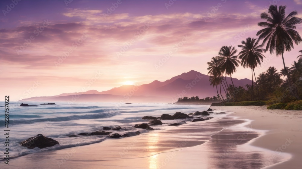 A tranquil beach scene with palm trees and mountains at sunset with pink sky colors A tranquil beach scene with palm trees and mountains at sunset with pink sky colors