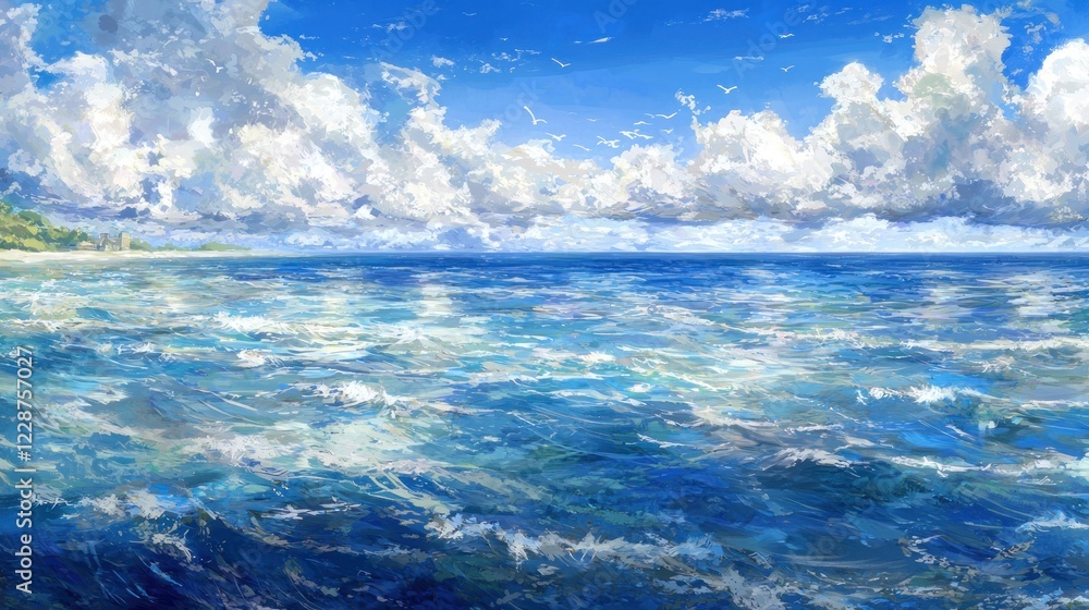 Fototapeta premium Tropical ocean view, sunny sky, island background, idyllic seascape, perfect for travel brochures
