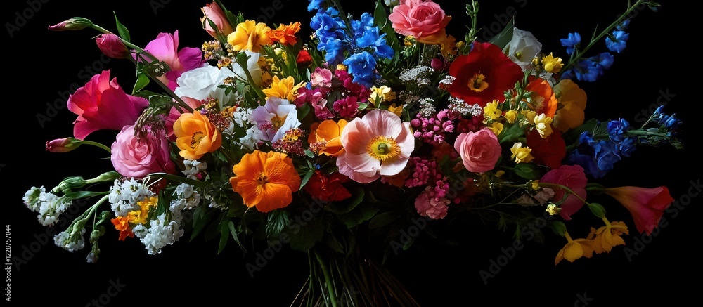 Vibrant multicolored flower bouquet on black background. Vibrant multicolored flower bouquet on black background.