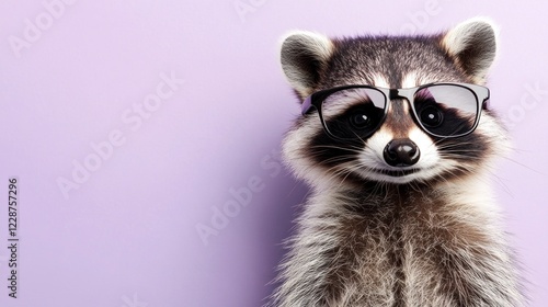 Cool raccoon wearing sunglasses on purple background