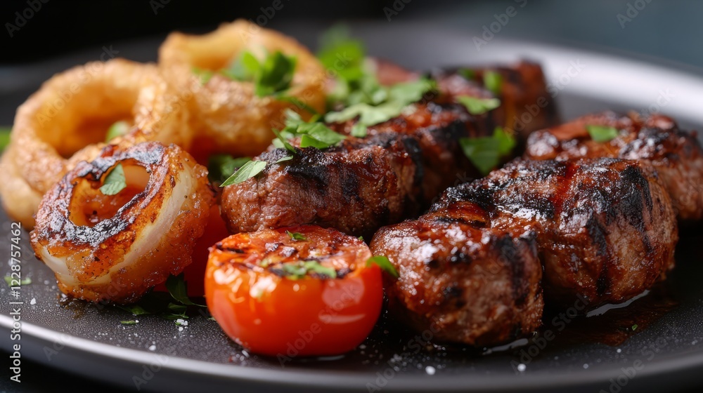 A delicious plate of lamb kebabs with crispy edges, served with grilled tomatoes and onion rings A delicious plate of lamb kebabs with crispy edges, served with grilled tomatoes and onion rings