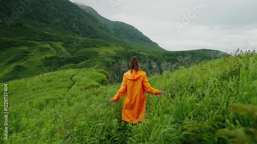Wallpaper Mural Unique Nature Of Kamchatka Region In Summer, Woman Tourist Walking Alone And Stroking Lush Grass Torontodigital.ca