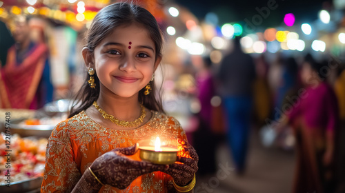 Gangaur Festival, Rajastani young girl with beautiful henna on her hands holding a small oil lamp with a gentle smile photo