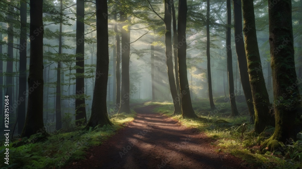 Obraz premium Sunlight filters through tall trees onto a path in a dense, misty forest landscape