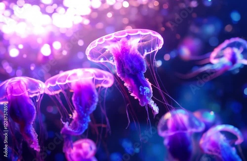 Mesmerizing Underwater Scene: Vibrant Pink and Purple Jellyfish Illuminated in a Dark Aquatic Environment