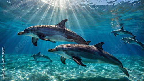 A pod of dolphins swims gracefully through sunlit clear turquoise ocean waters